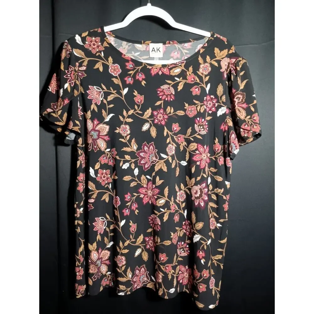 NWT Anne Klein Plus 0X Black Floral Chianti Rose Stretch Knit T-Shirt Top - Picture 2 of 5